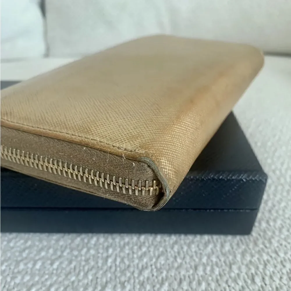 PRADA: RARE Gold SAFFIANO Leather & Gold Logo Long Zip-Around Wallet